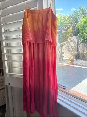 Leith Pleated Ombre Chiffon Sunset Pop-over Midi Sun Dress Vibrant Pink Orange M